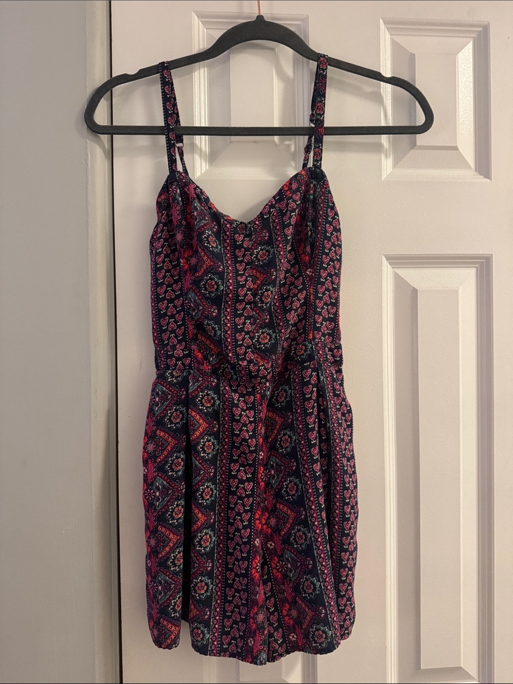 Hollister Navy Floral Print Romper with Pink Accents
